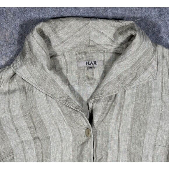 FLAX Linen Button Up Shirt Women’s XL Oatmeal Lagenlook 3/4 Sleeve Striped Tunic - Picture 4 of 9